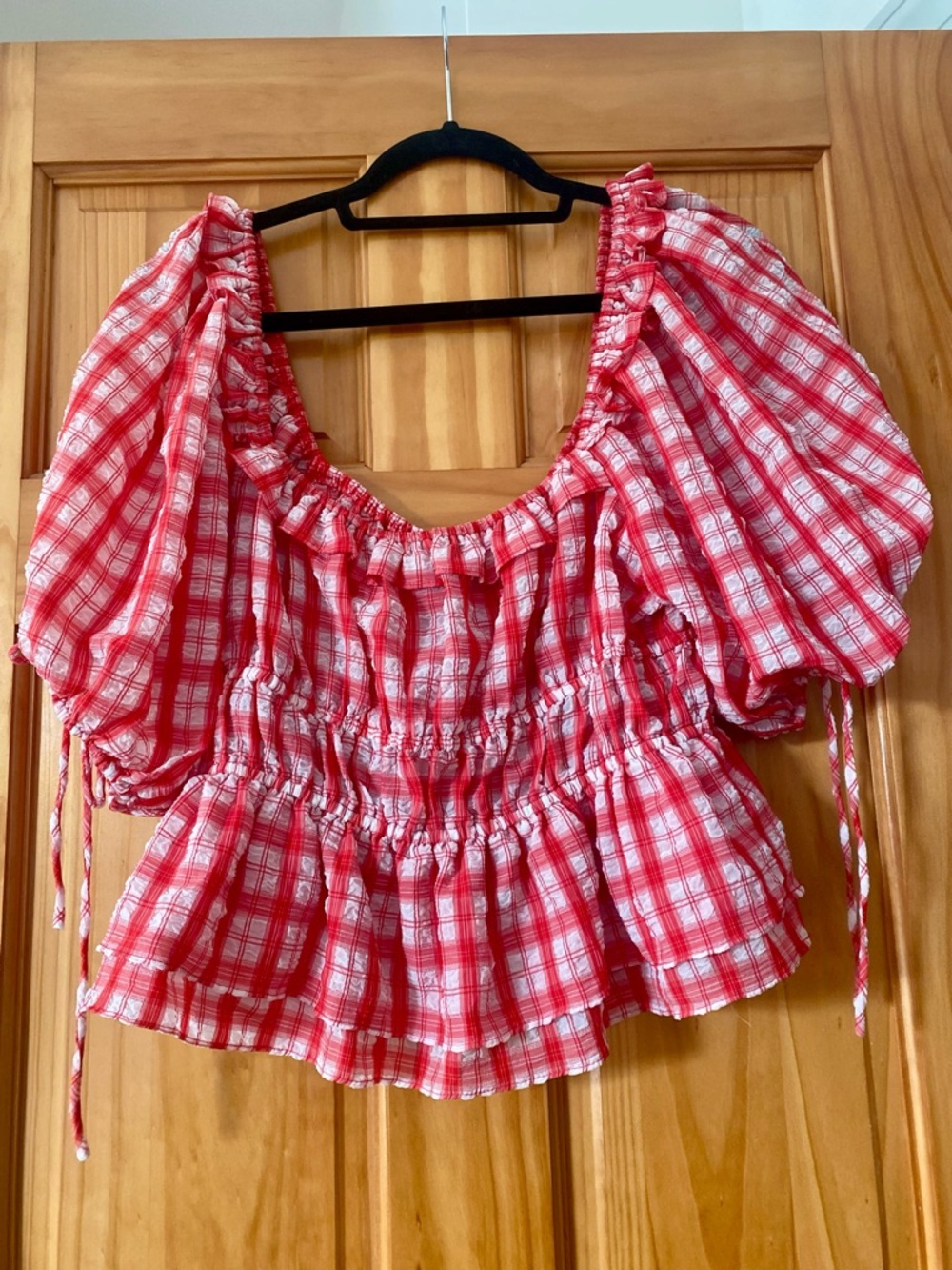 En Saison Red Plaid Smocked Milkmaid Top Puff Sleeve Peplum Cottagecore S - Picture 7 of 13